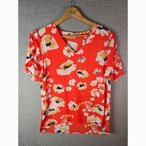 Daniel Rainn Orange Bird Floral Blouse Medium Cascading Ruffle Flutter Sleeve